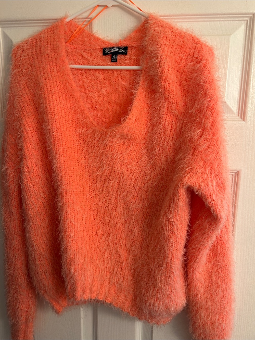 Freshman Fuzzy V-Neck Sweater in Coral Orange